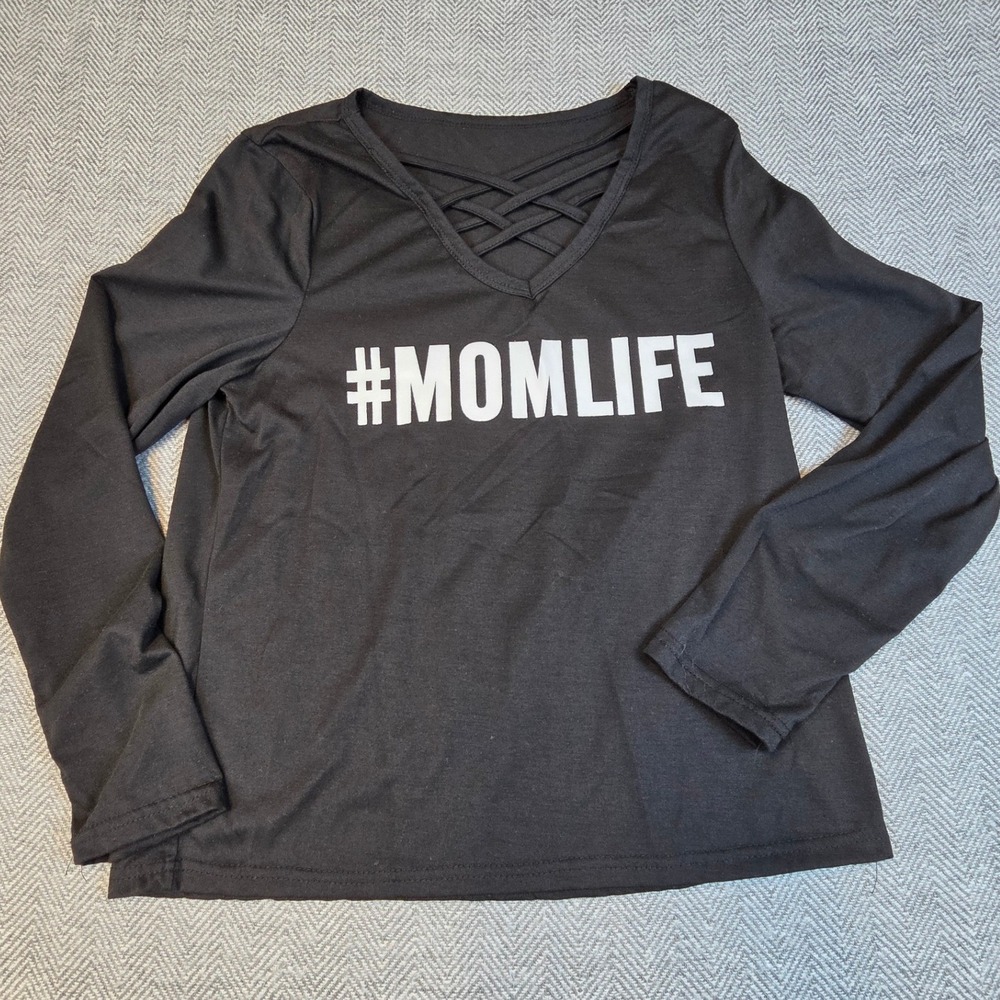 MomLife Graphic Long Sleeve Top Black Crisscross V-Neck Tee Medium